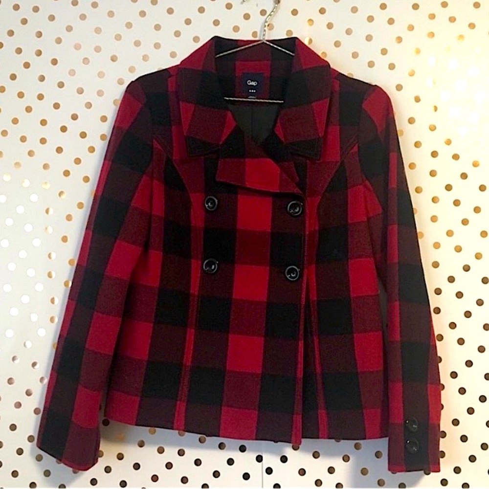Gap Red And Black Buffalo Check Plaid Pea Coat